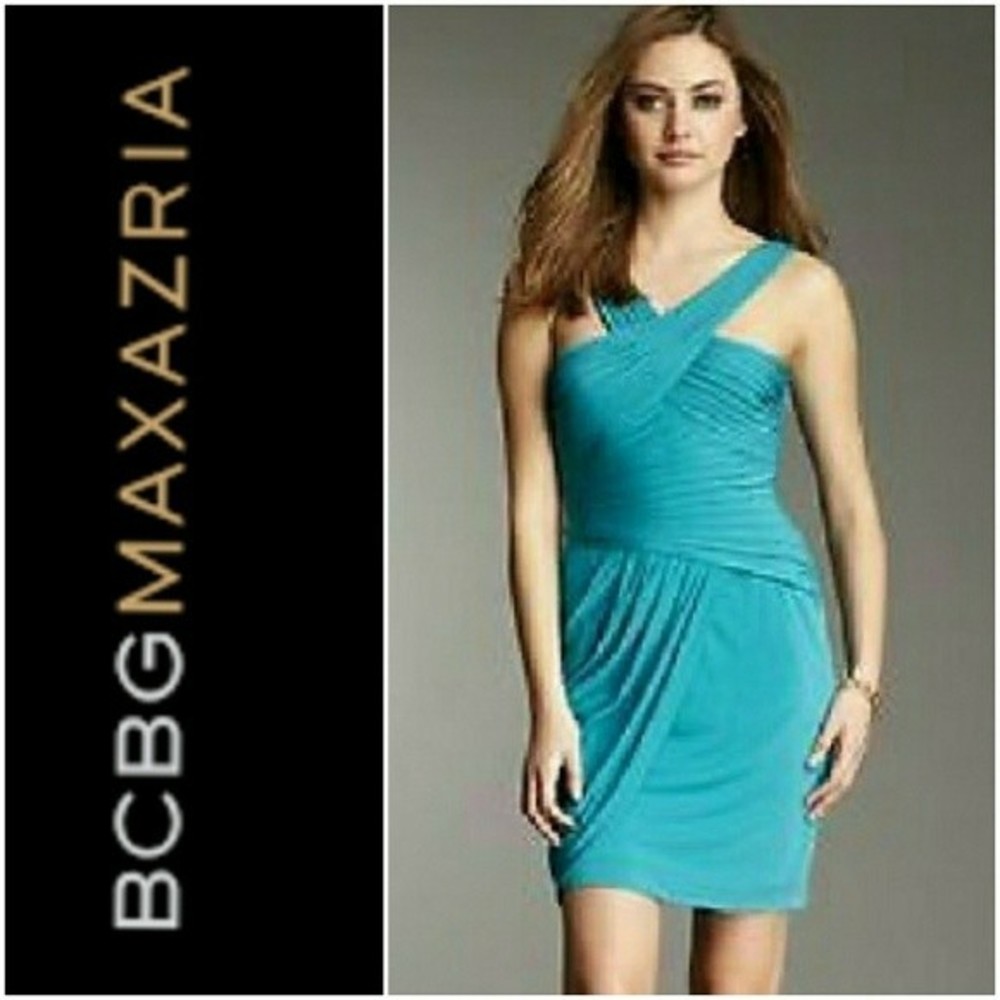BCBGMAXAZRIA DRESS COCKTAIL TURQUOISE FORMAL DRESS RUCHED MINI WOMENS XS NWOT